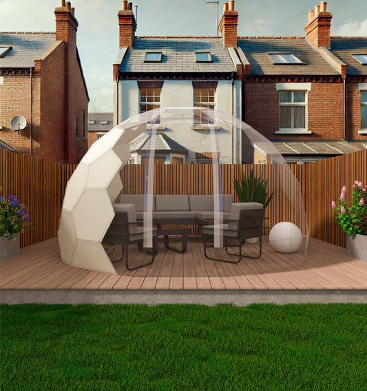 A GeoDomeX dome with sunshade privacy panels fitted along one side