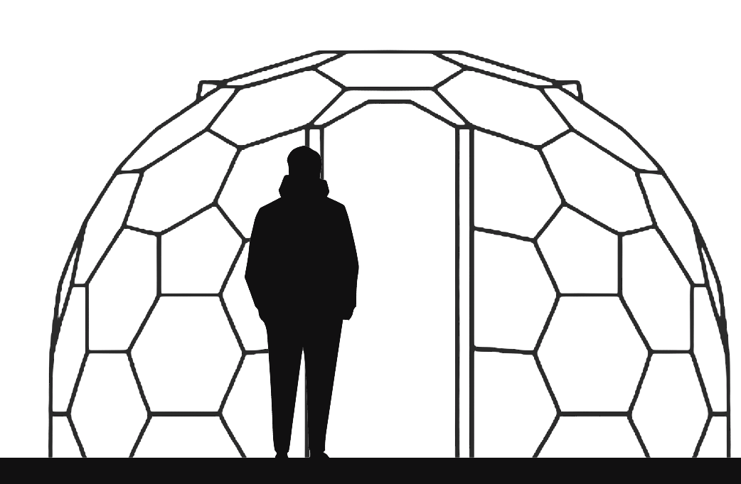 GeoDomeX geodesic dome diagram with a person for scale